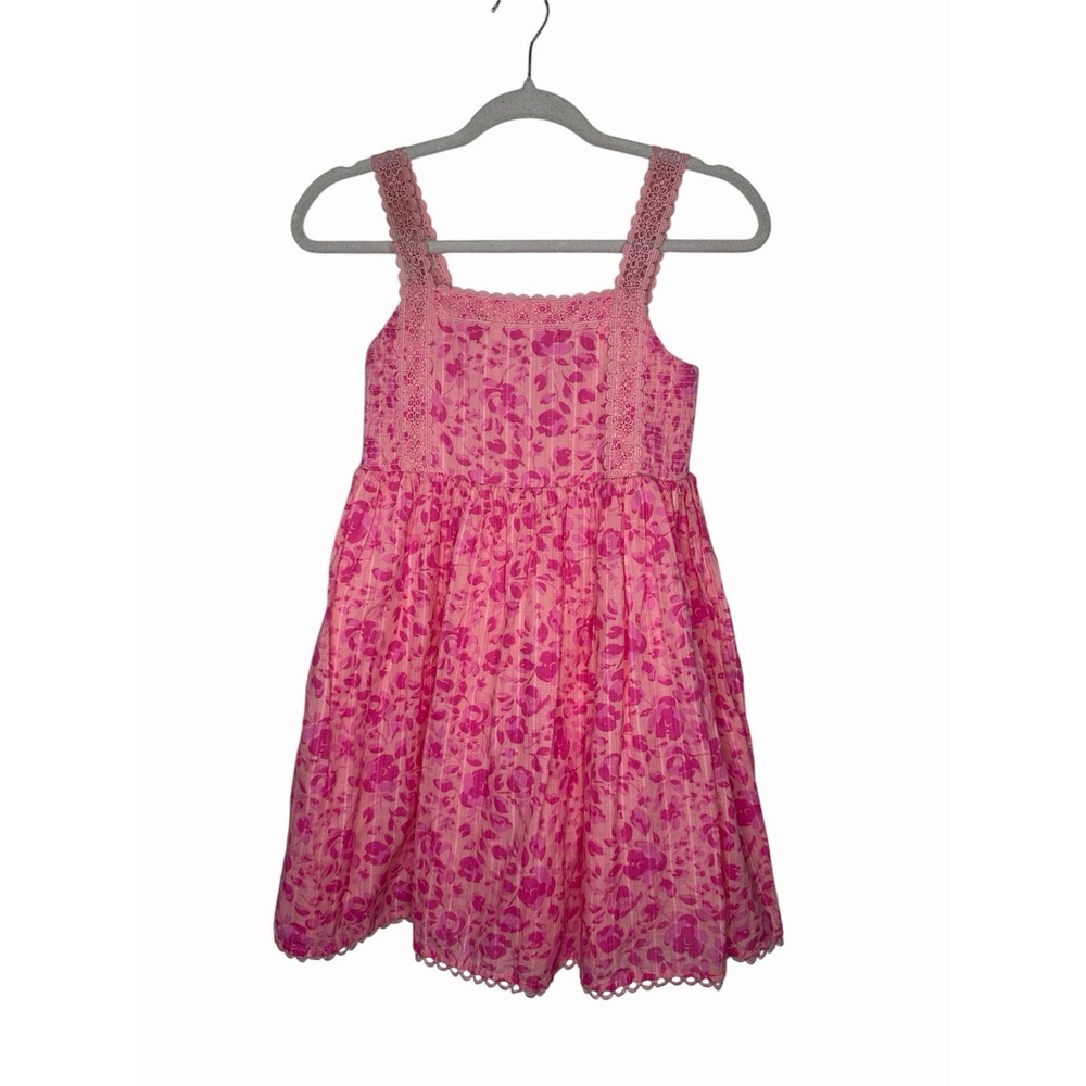 Joie Girls 12 Pink & Orange Floral Pattern Dress with Smocked Back & Lace Straps